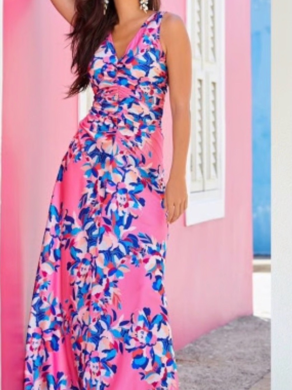 Boston Proper Pink Floral Maxi Dress with Blue Accents